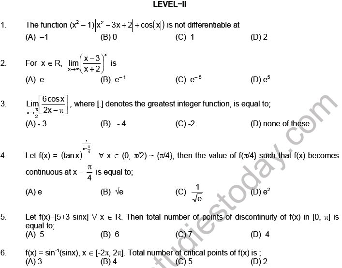 JEE Mathematics Limits Continuity And Differentiability MCQs Set A ...